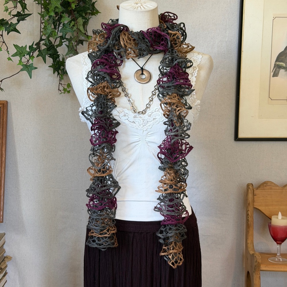 Multicolor Open Knit Ruffle Skinny Scarf Whimsygoth Boho OS 90s Burgundy Fall